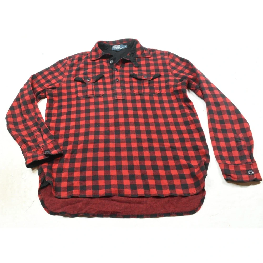 Vintage Polo Ralph Lauren Popover Flannel Work Shirt Mens Large Buffalo Plaid